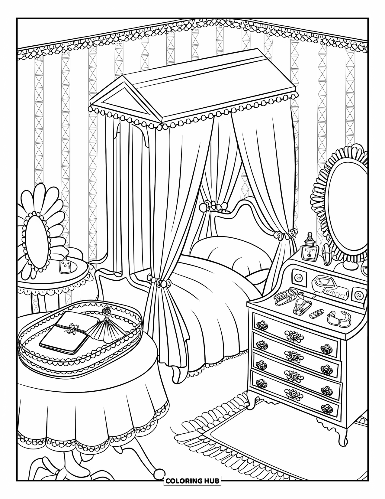 Dream Bedroom Coloring Page for Adults: A charming mini bedroom with a canopy bed, perfume bottles, and a decorated side table