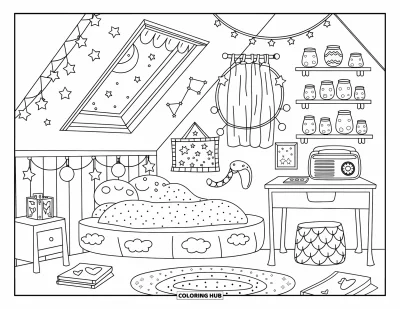 Coloriage de chambre de rêve pour adultes : Une chambre mansardée douillette avec des coussins en forme de lune et des étoiles en papier brillant sous une lucarne