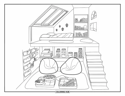 Coloriage de chambre de rêve pour adultes : Un loft de rêve tout douillet avec des tapis moelleux, des en-cas, des carnets et une échelle bibliothèque