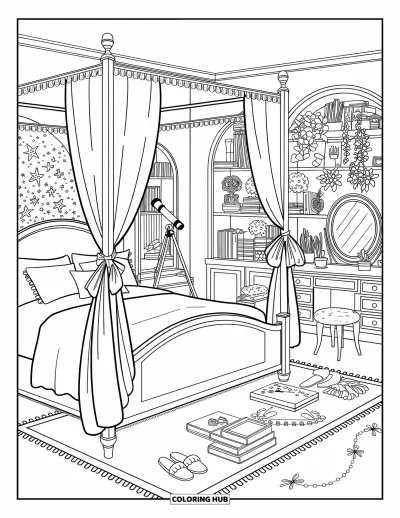 Coloriage de chambre de rêve pour adultes : Une chambre douillette avec un lit à baldaquin fleuri, des plantes en pot et une vue étoilée