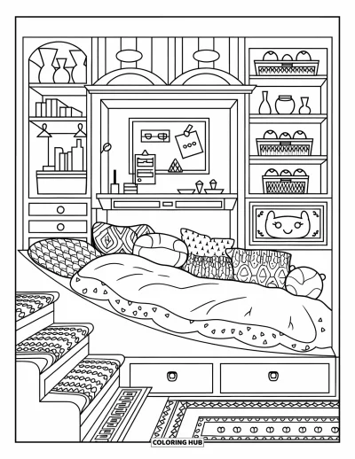 Coloriage de chambre de rêve pour adultes : Un lit en contrebas avec des couvertures moelleuses, des étagères à portée de main et un coin créatif