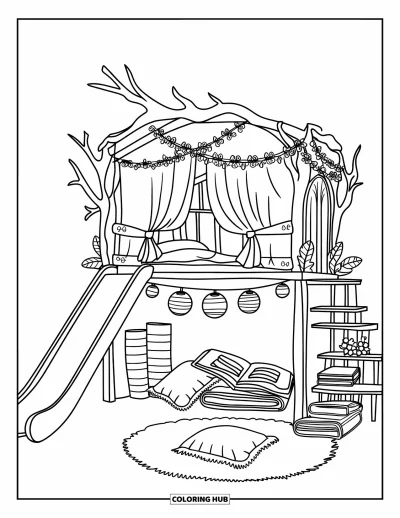 Coloriage de chambre de rêve pour adultes : Une cabane-lit sous les combles avec un toboggan, des lumières douces et un coin lecture secret