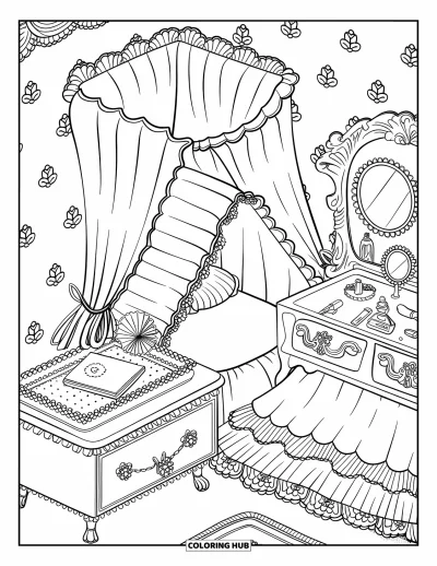 Coloriage de chambre de rêve pour adultes : Une chambre inspirée des maisons de poupées avec un lit-cabane et de délicats rideaux fleuris