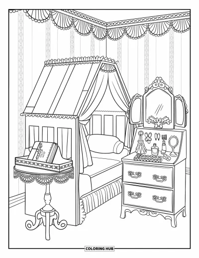 Coloriage de chambre de rêve pour adultes : Un espace style maison de poupées avec des rideaux à volants, un beau lit et de petits trésors sur la coiffeuse