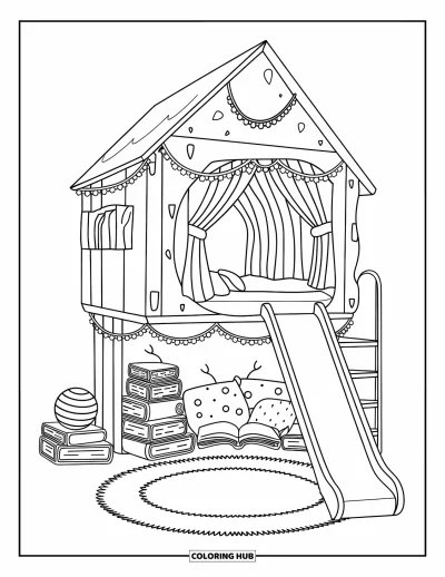 Coloriage de chambre de rêve pour adultes : Un loft enchanté avec un toboggan, des guirlandes et un coin lecture rempli de coussins posés au sol