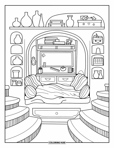 Coloriage de chambre de rêve pour adultes : Un lit encastré dans un renfoncement avec des étagères garnies de bocaux et un coin bureau intégré