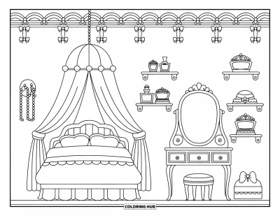Coloriage de chambre de rêve pour adultes : Une chambre enchanteresse avec des nœuds, des étagères fleuries et des tiroirs en dentelle devant un miroir