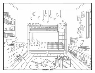 Coloriage de chambre de rêve pour adultes : Une chambre féerique avec des lits superposés, des étoiles, des livres et un chat qui fait la sieste sur des coussins