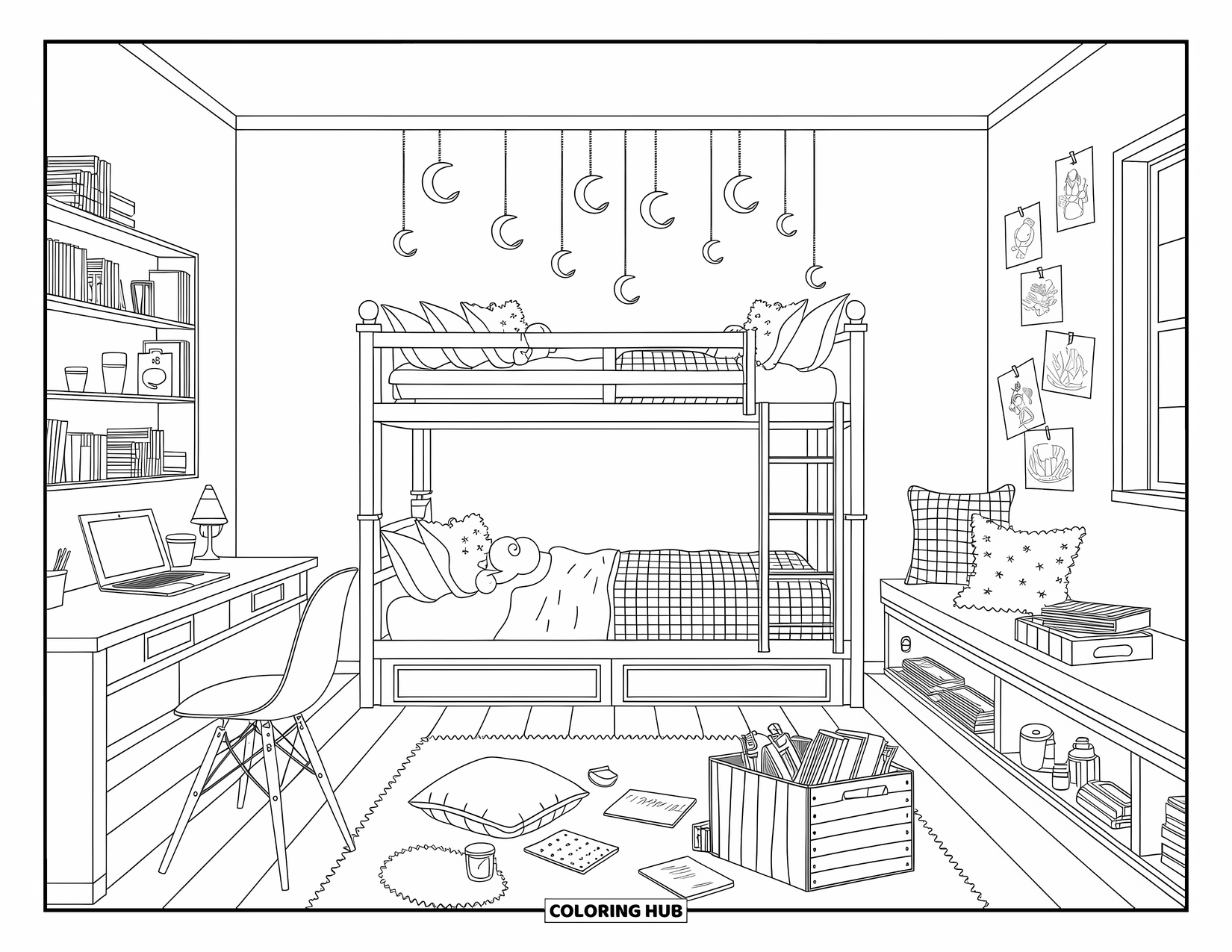 Dream Bedroom Coloring Page for Adults: A dreamy room with bunk beds, stars, books, and a cat snoozing on cushions