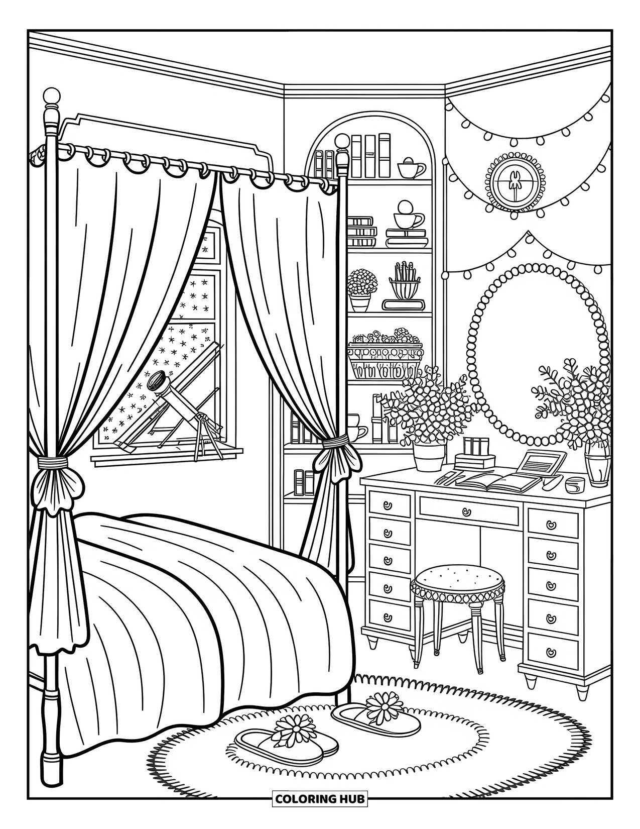 Dream Bedroom Coloring Page for Adults: A dreamy space with a soft rug, storybooks, and string lights above the bed