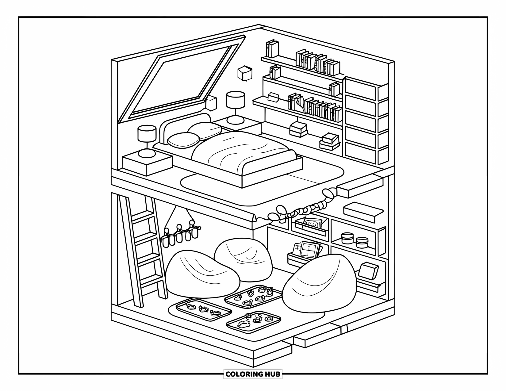 Dream Bedroom Coloring Page for Adults: A fun split-level room with books, lanterns, beanbags, and a wall of cubbies