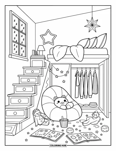Coloriage de chambre de rêve pour adultes : Un coin secret sous le lit avec des livres de coloriage et des poufs illumine cette chambre originale