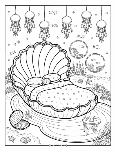 Coloriage de chambre de rêve pour adultes : Une chambre magique sur le thème de la mer avec des couvertures à vagues, des tapis corail et un bureau en forme de coquille
