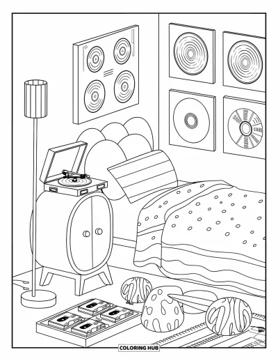 Coloriage de chambre de rêve pour adultes : Une chambre pleine de nostalgie avec un mur de vinyles, une literie douce et un plateau de cassettes