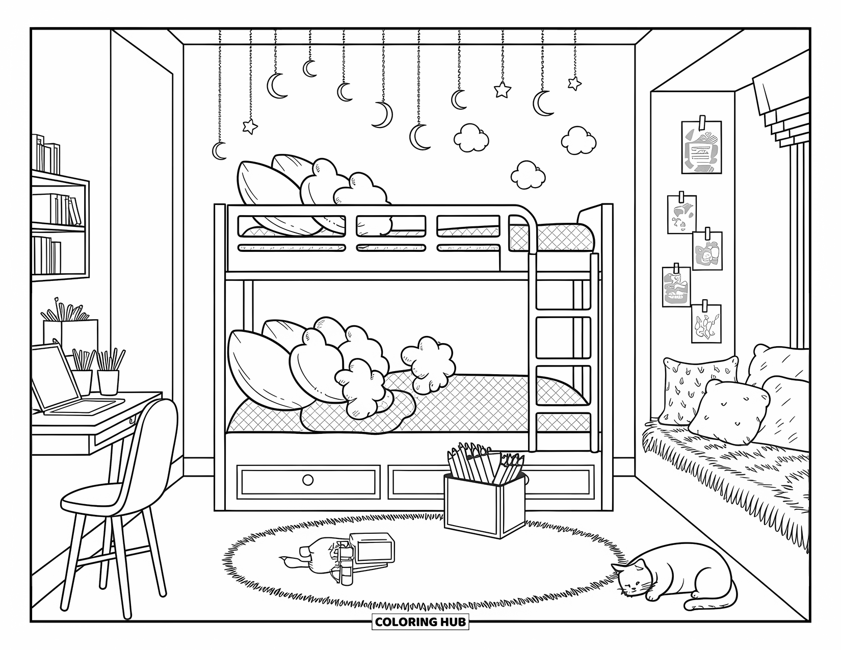 Dream Bedroom Coloring Page for Adults: A playful bedroom with cloud pillows, reading lights, and a colorful shared window seat