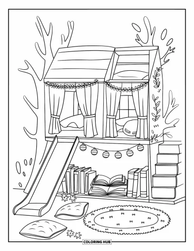 Coloriage de chambre de rêve pour adultes : Un lit surélevé ludique avec une guirlande de feuilles, des lampions en papier et des livres tout autour