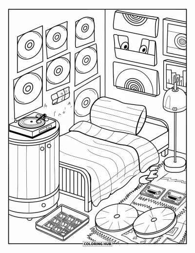 Coloriage de chambre de rêve pour adultes : Un espace rétro avec des affiches musicales, une literie douillette et un casque audio bien mis en valeur