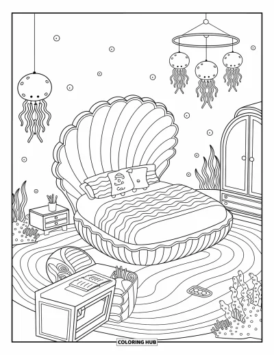 Coloriage de chambre de rêve pour adultes : Un lit en forme de coquillage et des lumières de méduses remplissent cette cachette sous-marine enchanteresse