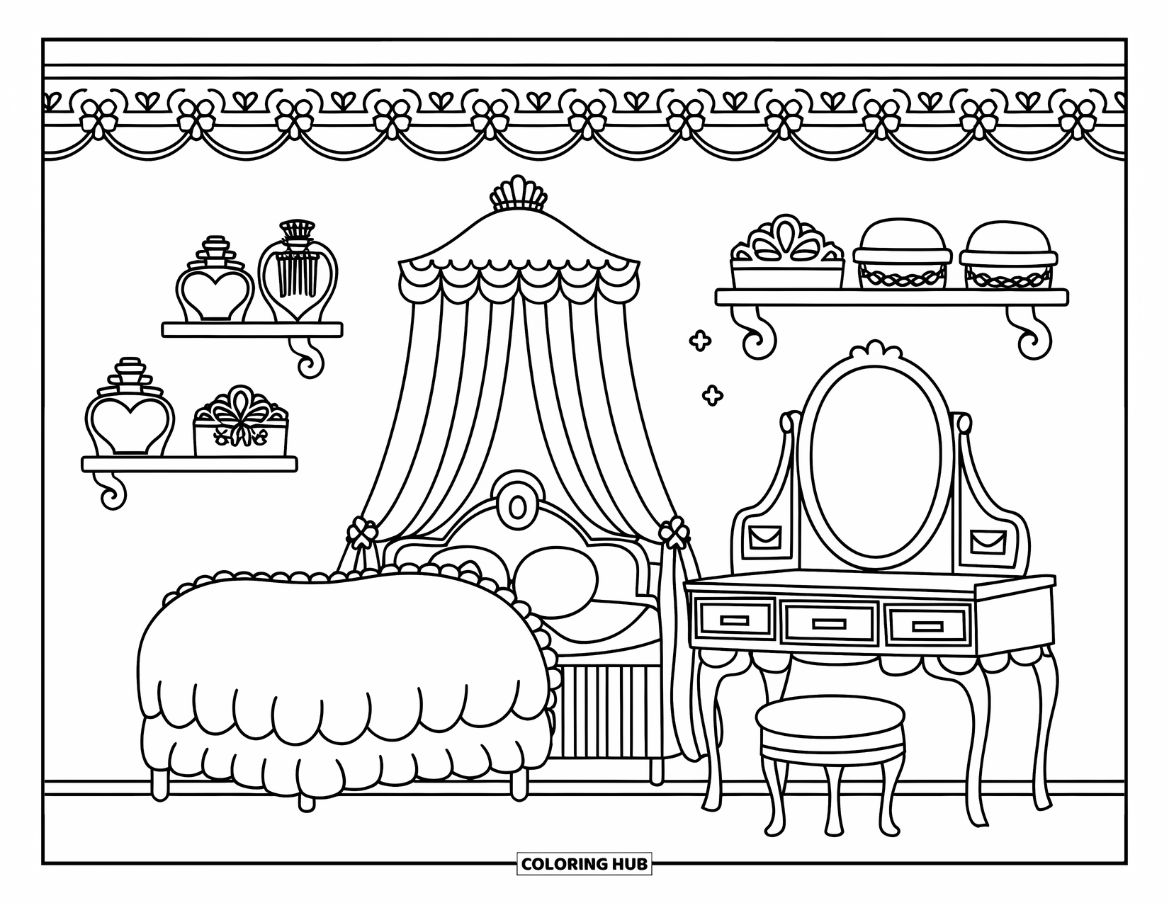 Dream Bedroom Coloring Page for Adults: A softly decorated room with a scalloped bed, fancy mirror, and tiara-filled shelves