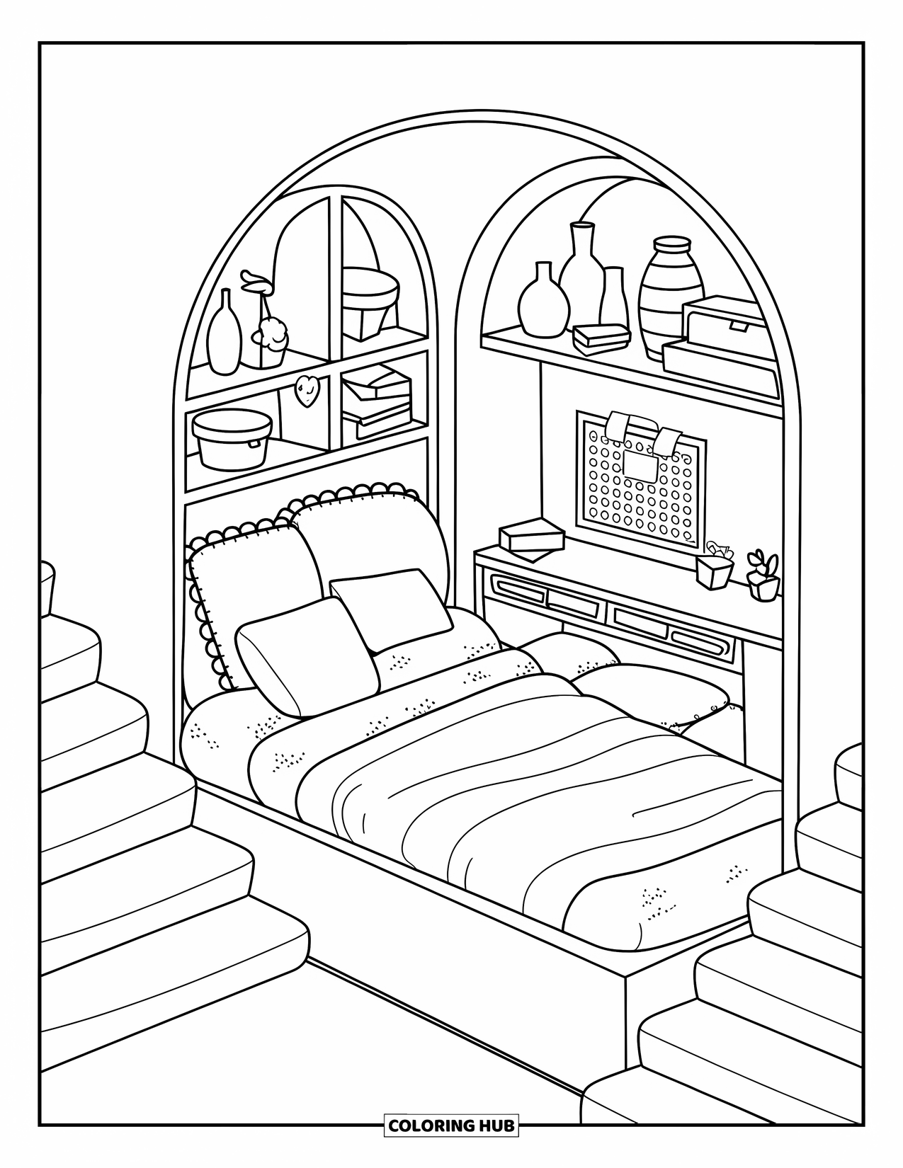 Dream Bedroom Coloring Page for Adults: A sunken bed with carpeted steps, cozy cushions, and a built-in study nook