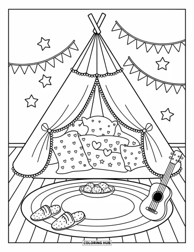 Coloriage de chambre de rêve pour adultes : Une adorable tente de chambre avec des biscuits, des coussins, des guirlandes et un ukulélé appuyé contre le mur