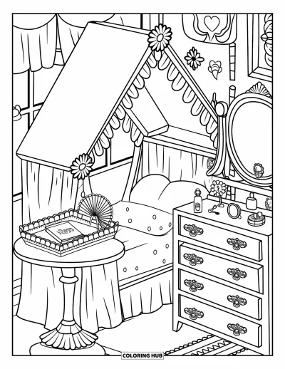 Coloriage de chambre de rêve pour adultes : Une jolie chambre avec un lit-cabane, un plateau avec un éventail délicat et de petits tiroirs remplis de parfums