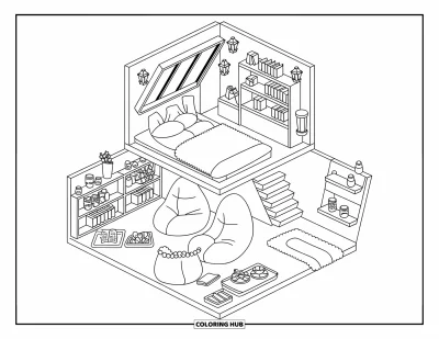 Coloriage de chambre de rêve pour adultes : Une chambre sur deux niveaux avec un lit sous une lucarne en haut et un coin grignotage douillet en bas