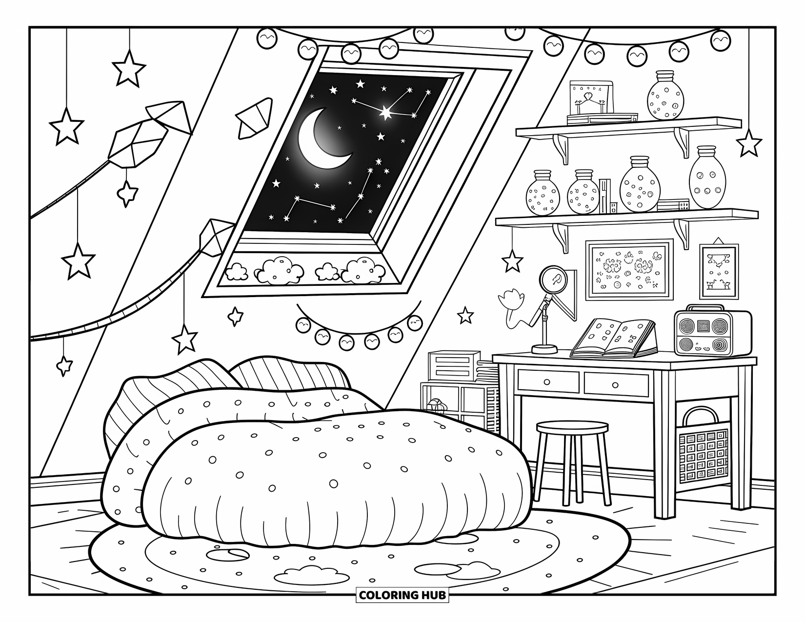 Dream Bedroom Coloring Page for Adults: An adorable star-lit attic with a cozy bed and shelves full of moon-themed treasures