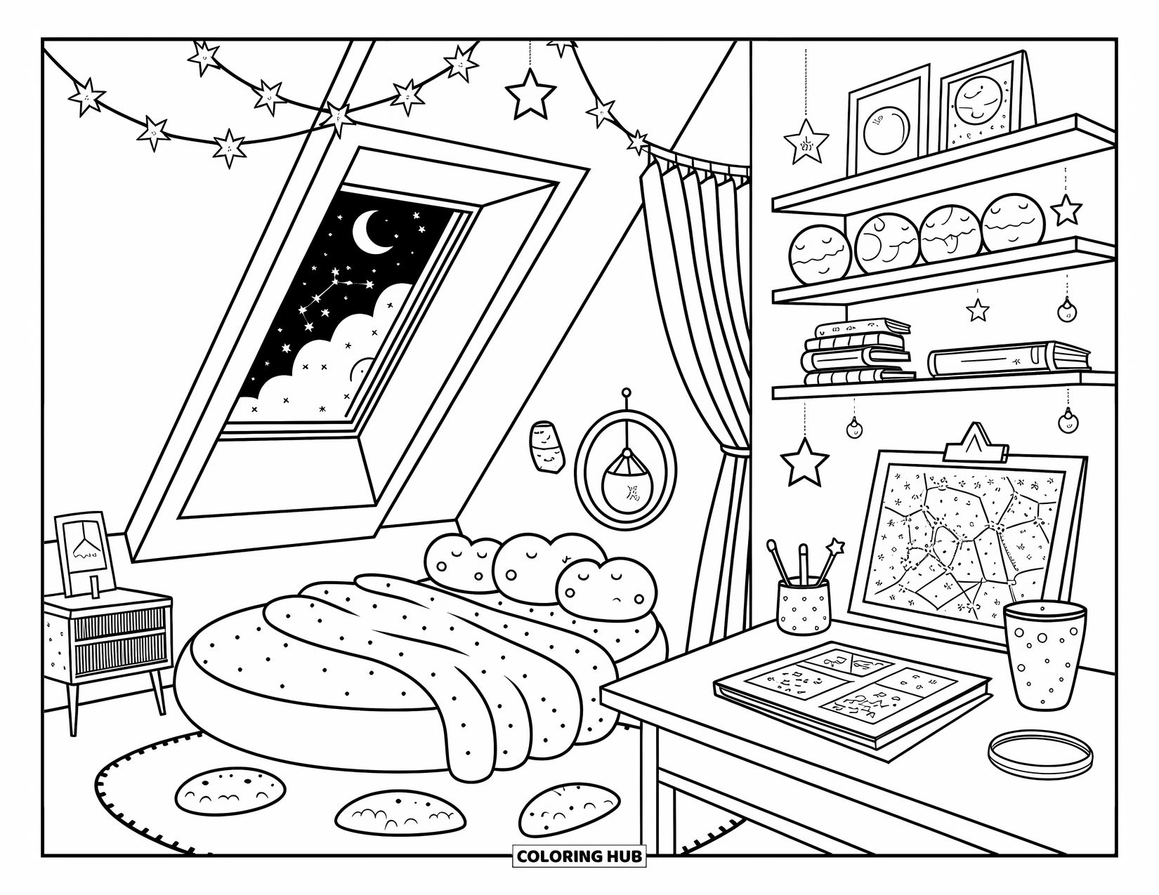 Dream Bedroom Coloring Page for Adults: An attic hideaway with a fluffy bed, starry skylight, and magical moon jars
