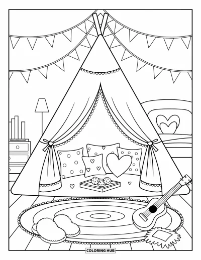 Coloriage de chambre de rêve pour adultes : À l'intérieur d'une tente douillette, des biscuits et des coussins étoilés rendent la chambre vraiment magique