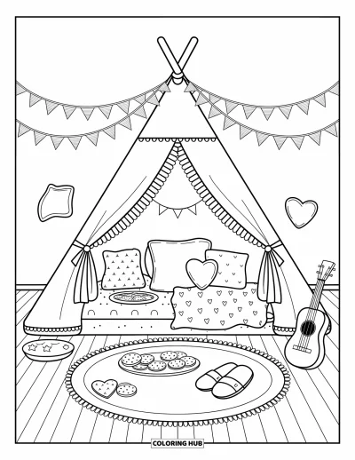 Coloriage de chambre de rêve pour adultes : Cette chambre ludique a une tente remplie de couvertures, un ukulélé et un tapis douillet à l'extérieur