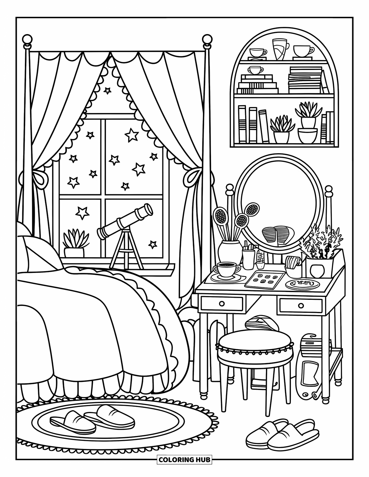 Dream Bedroom Coloring Page for Adults: This sweet bedroom has a four-poster bed, a telescope, and a shelf of trinkets