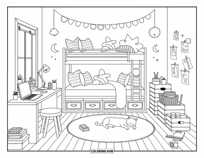 Coloriage de chambre de rêve pour adultes : Des lits superposés avec des coussins doulets, un tapis moelleux et un coin art tout en sérénité