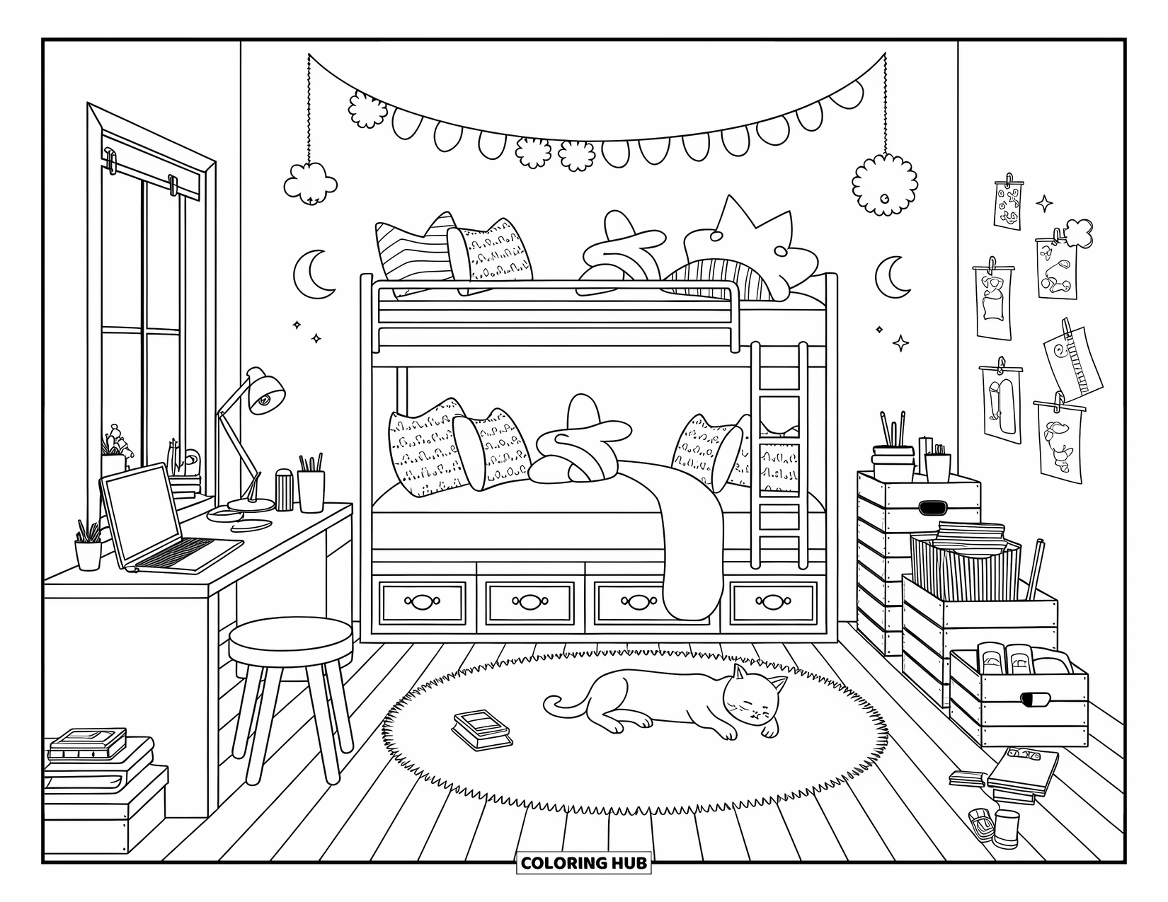 Dream Bedroom Coloring Page for Adults: Twin bunks with cozy pillows, a soft rug, and a peaceful art corner