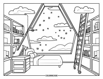 Coloriage de chambre de rêve pour enfants : Un lit sous une lucarne repose près de grandes bibliothèques et d'un petit bureau d'écriture