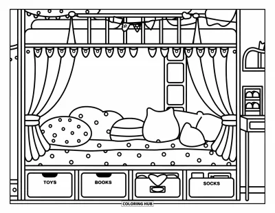 Coloriage de chambre de rêve pour enfants : Un lit superposé avec des guirlandes, des fanions et des tiroirs de rangement pour un espace vraiment sympa