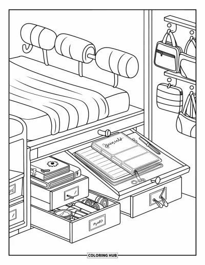Coloriage de chambre de rêve pour enfants : Un lit mezzanine compact avec des fournitures pastel, des crochets muraux et un bureau escamotable