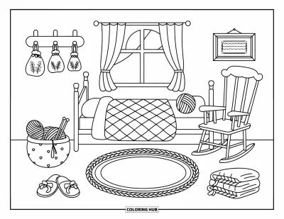 Coloriage de chambre de rêve pour enfants : Une chambre champêtre avec un lit en quilt, un fauteuil à bascule et un joli panier de pelotes