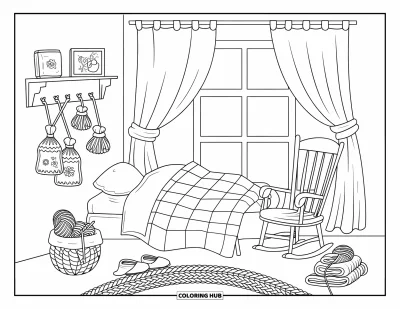 Coloriage de chambre de rêve pour enfants : Une chambre douillette avec une literie patchwork, de la laine et de jolies pochettes sur une étagère à crochets