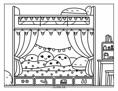 Coloriage de chambre de rêve pour enfants : Un lit superposé avec des guirlandes lumineuses, des fanions et des coussins doux pour s'amuser entre amis