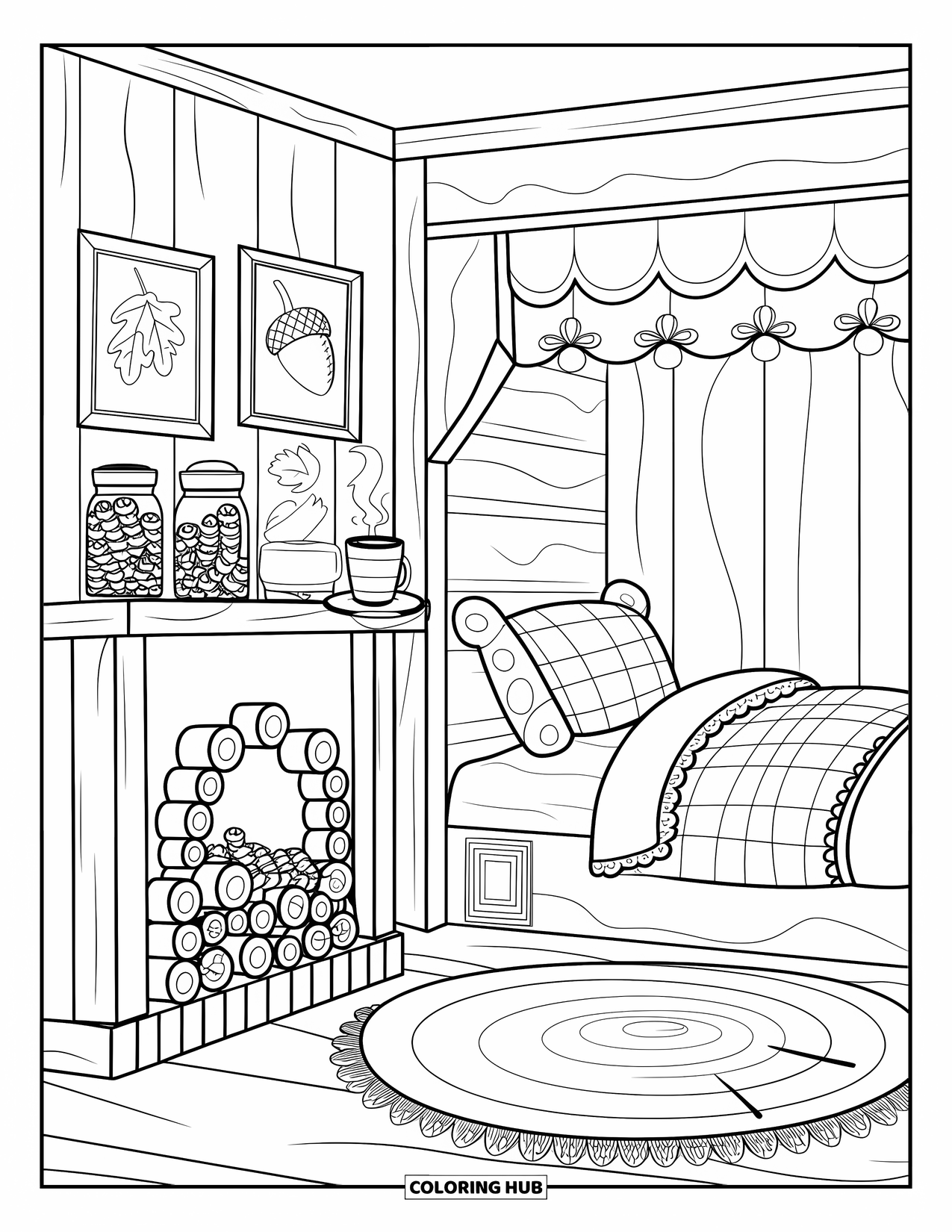 Dream Bedroom Coloring Page for Kids: A cozy room with wood walls, a log-filled fireplace, and acorn sketches