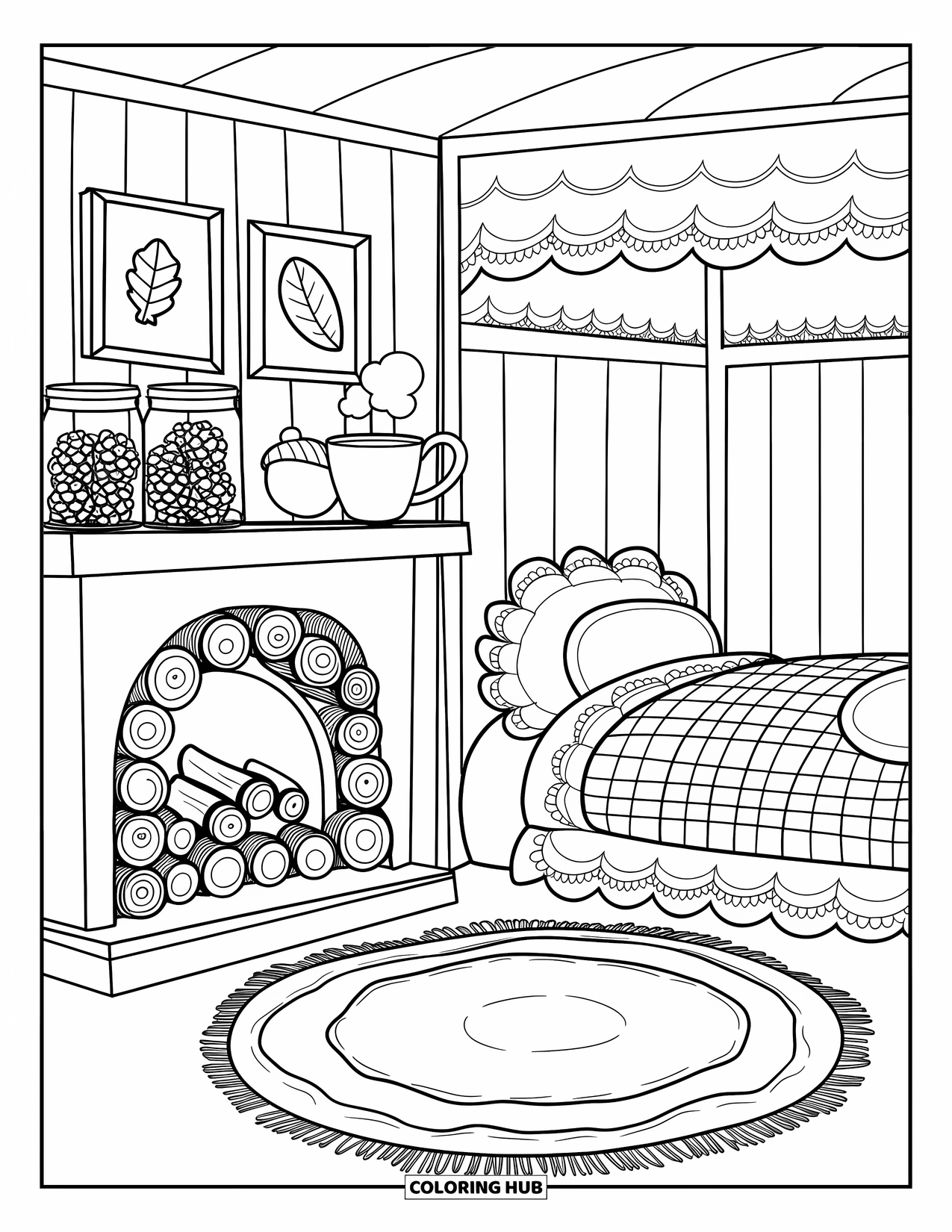 Dream Bedroom Coloring Page for Kids: A faux fireplace, scalloped blankets, and pinecones fill this rustic bedroom with charm