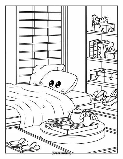 Coloriage de chambre de rêve pour enfants : Un futon et une petite table à thé rendent cette chambre de style japonais paisible et chaleureuse
