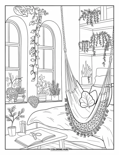 Coloriage de chambre de rêve pour enfants : Un hamac et de grandes fenêtres rendent cette chambre pleine de plantes calme et lumineuse