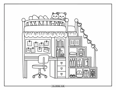 Coloriage de chambre de rêve pour enfants : Un lit mezzanine avec des peluches et des guirlandes de cœurs cache un espace étude adorable en dessous