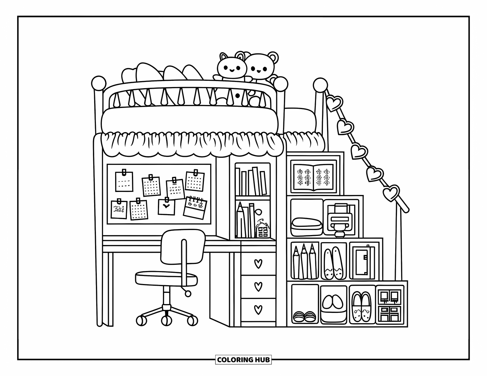 Dream Bedroom Coloring Page for Kids: A loft bed with plushies and heart garlands hides a cute study space below