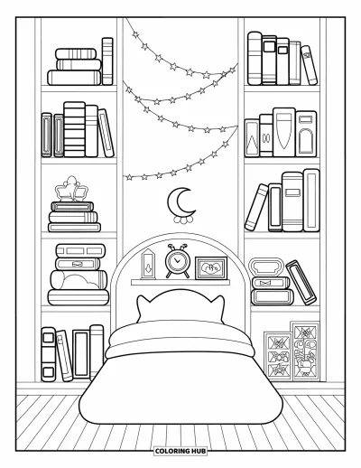 Coloriage de chambre de rêve pour enfants : Un lit bas entouré de bibliothèques et d'étoiles en papier forme le coin lecture le plus douillet qui soit