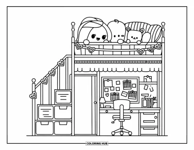 Coloriage de chambre de rêve pour enfants : Un lit mezzanine avec des marches-niche et un mini bureau rend les devoirs bien plus amusants