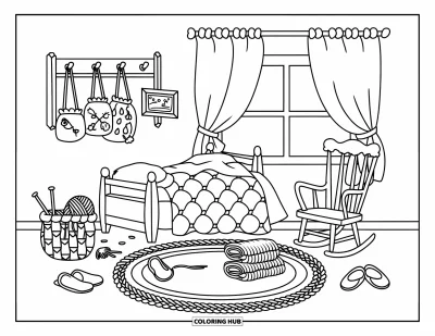 Coloriage de chambre de rêve pour enfants : Un lit recouvert d'un quilt et un fauteuil à bascule se trouvent près d'une étagère à crochets et d'un tapis tressé