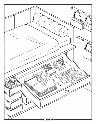 Coloriage de chambre de rêve pour enfants : Un lit surélevé avec un bureau escamotable et de jolis organisateurs pour tout garder bien en ordre